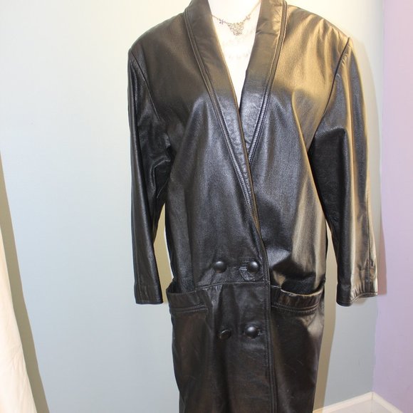 π€ VINTAGE Genuine Leather Coat Black Womens Petite Small - Picture 5 of 15